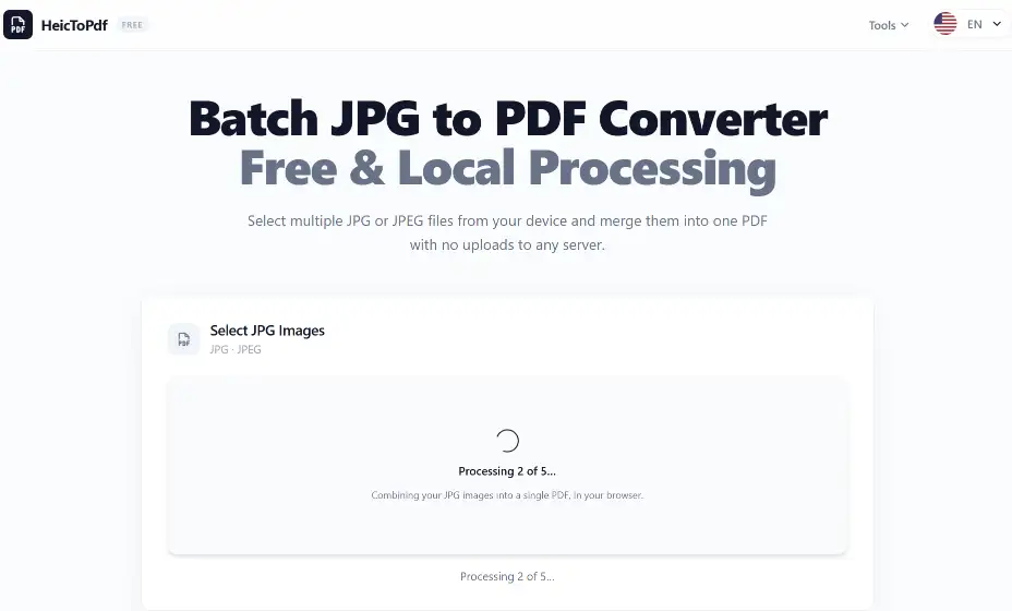 Progress bar showing local processing of HEIC files